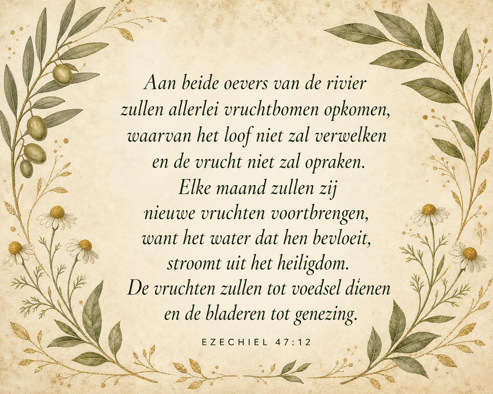 Botanische kalligrafie van Ezechiël 47:12